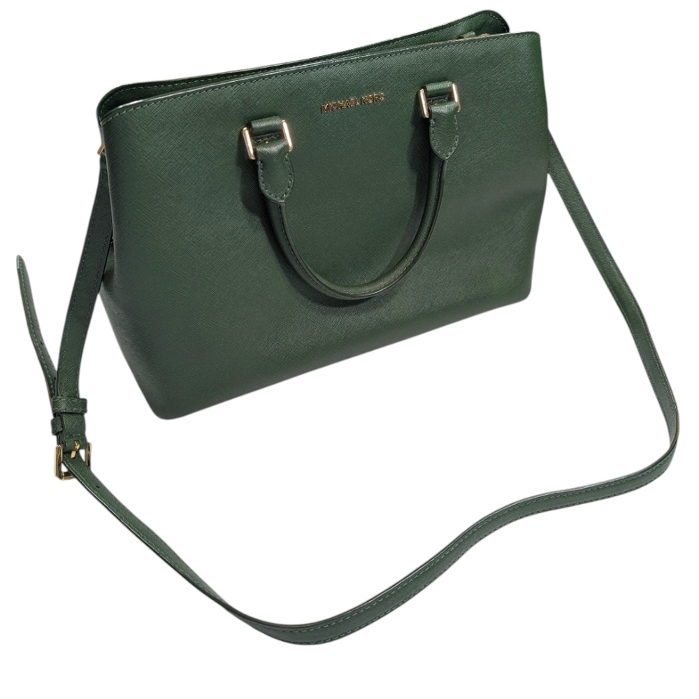 Michael Kors Green Savannah Large Saffiano Leather Satchel Crossbody Bag. - Picture 9 of 16